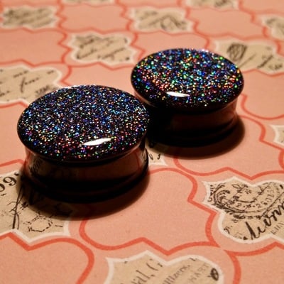 Black hologram glitter plugs for stretched ears