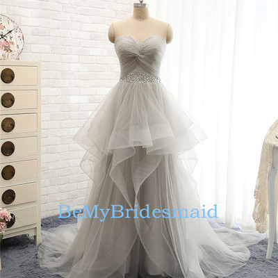 Beatuiful handande tulle grey sweetheart long prom gowns with beadings, prom dresses, grey party gowns