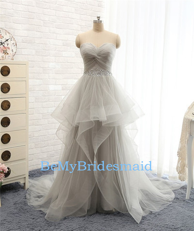 Beatuiful Handande Tulle Grey Sweetheart Long Prom Gowns with Beadings, Prom Dresses, Grey Party Gowns