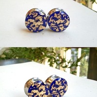 Royal Blue & Gold Leaf Plugs for Stretched Ears - Thumbnail 1