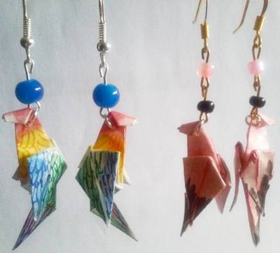 Origami Parakeet earrings: Rainbow