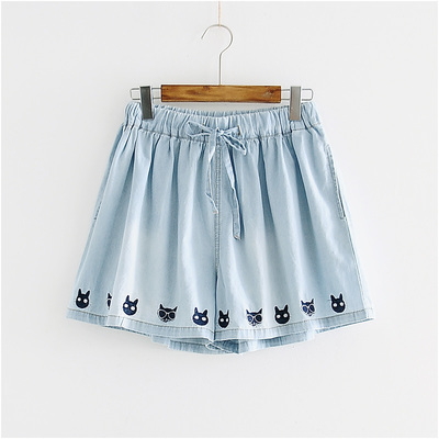 Harajuku glasses cat print wide leg pants denim shorts - Thumbnail 5