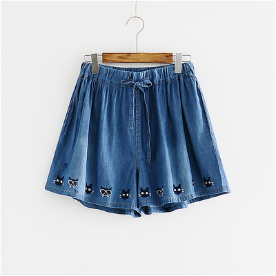 Harajuku glasses cat print wide leg pants denim shorts