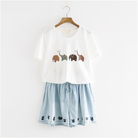 Harajuku glasses cat print wide leg pants denim shorts - Thumbnail 2