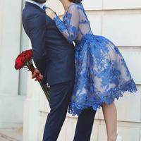 Long sleeve homecoming dress, gorgeous homecoming dress, short homecoming dress, blue homecoming dress, junior lace homecoming dress,  PD15361 - Thumbnail 2