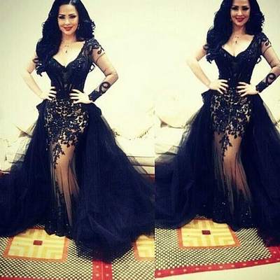 Black lace prom dress, detachable prom dress, long sleeve prom dress, cheap prom dress, puffy prom dress, sexy formal dresses,bd1607055