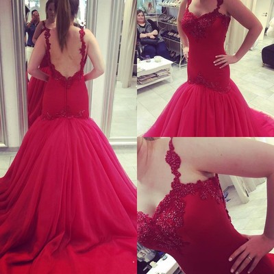 Red prom dress, long prom dress, off shoulder prom dress, open back prom dress, tulle prom dress, lace prom dress, evening dress, bd1607074