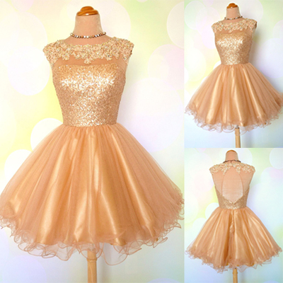 Gold homecoming dress, sequin homecoming dress, open back homecoming dress, scoop neck homecoming dress, cheap homecoming dress,bd1607085