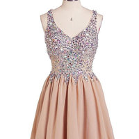  Champagne homecoming dress, off shoulder homecoming dress, v-neck homecoming dress, cheap homecoming dress, unique homecoming dress, BD1607087 - Thumbnail 1