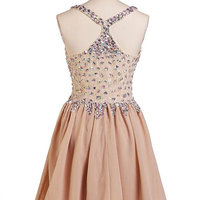  Champagne homecoming dress, off shoulder homecoming dress, v-neck homecoming dress, cheap homecoming dress, unique homecoming dress, BD1607087 - Thumbnail 2