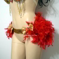 Red Feather Bustle Skirt Rave Bra Rave Wear Cosplay Halloween Costume Garter - Thumbnail 1