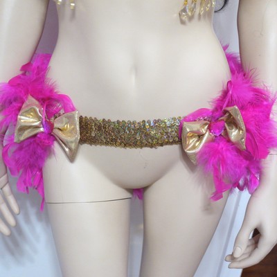 Pink and gold feather bustle skirt rave bra rave wear cosplay halloween costume garter