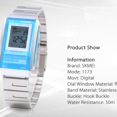 Led digital watch stainless steel water resistant - 50m, alarm, back light, chronograph
