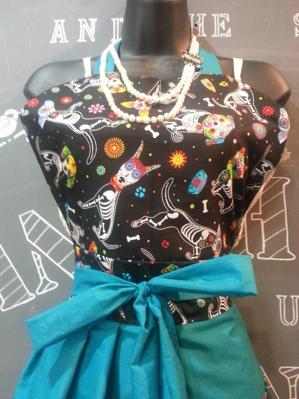 Beautiful Handmade Vintage Inspired Pin-Up Girl Apron  With Sugar Skull Pups and Lavender Pom-poms
