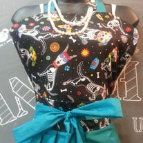 Beautiful Handmade Vintage Inspired Pin-Up Girl Apron  With Sugar Skull Pups and Lavender Pom-poms