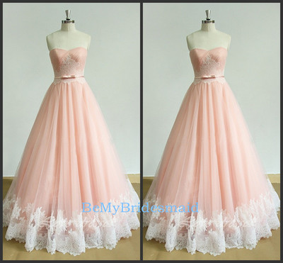 Beautiful Tulle Long Pink Sweetheart Prom Gown with Lace, Prom Gowns, Evening Dresses