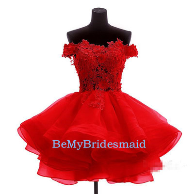 Lovely Off Shoulder Organza Short Prom Dress with Lace Applique, Homecoming Dresses, Party Dresses