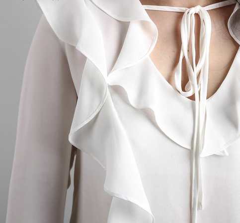 White Chiffon Blouse Hollow Out Long Sleeve