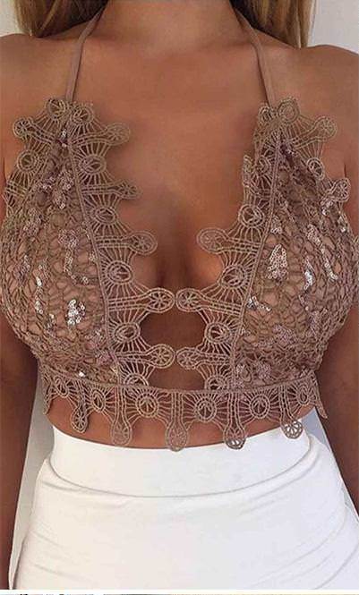 Beige Sequin Elegant Bustier Crop Top