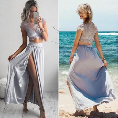 Elegant long prom dresses,cap sleeves prom dresses,two piece prom dresses,with slit prom dresses,lace prom dresses,pd39004