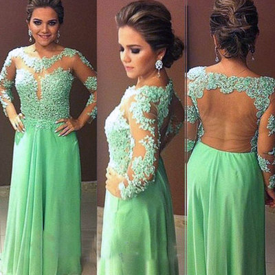 Elegant long evening dresses,green evening dresses,sheer neck prom dresses,long sleeves evening dresses,party dresses,pd390015