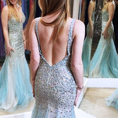 Luxury mermaid prom dresses,backless prom dresses,beaded prom dresses,tulle v-neck evening dresses,homecoming dresses,party dresses,pd390026
