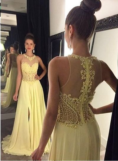 Elegant Prom Dresses,Sexy Prom Dresses,O-Neck Pom Dresses,With Slit Prom Dresses,Chiffon Prom Dresses,Long Prom Dresses,PD390035