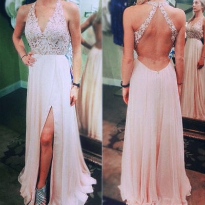 Elegant sexy appliques prom dresses,lace prom dresses,v-neck floor-length evening dresses,backless evening dresses,with slit prom dresses,pd390041