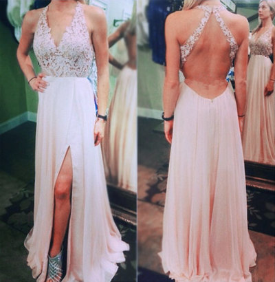 Elegant Sexy Appliques Prom Dresses,Lace Prom Dresses,V-Neck Floor-Length Evening Dresses,Backless Evening Dresses,With Slit Prom Dresses,PD390041