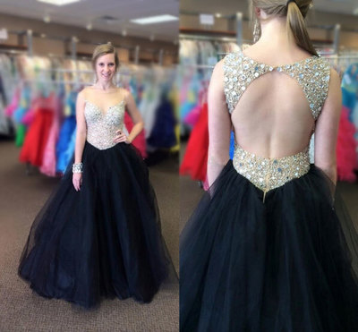 Elegant New Arrival Beading Tulle Prom Dresses,Black Prom Dresses,A-Line Prom Dresses,Backless Evening Dresses,PD390055