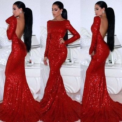 Sparkly Red Mermaid Prom Dresses,Backless Evening Gowns,New Fashion Long Evening Gowns,Sexy Party Dresses,Long Sleeves Evening Dresses,PD390063