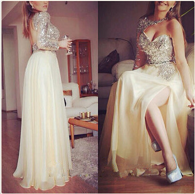Largos One Shoulder Prom Dresses,Beading Prom Dresses,A Line Prom Dresses,Sexy Chiffon Prom Dresses,With Slit Prom Dresses,PD390064