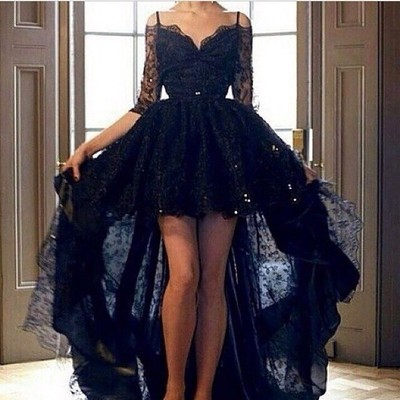 Largos black high low prom dresses,double v-neck prom dresses,sexy prom gowns,half sleeve lace long evening dresses,chiffon prom dresses,pd390073 - Thumbnail 5