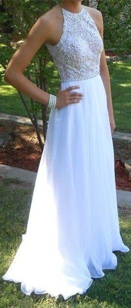 Elegant White Prom Dresses,Halter Prom Dresses,Long Open Back Prom Dresses,Beading Prom Dresses,Evening Dresses,PD390087