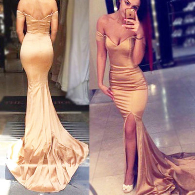 Champagne Prom Dresses,Sexy Prom Dresses,With Slit Prom Dresses,Off Shoulder Prom Dresses,Long Prom Dresses,PD390095