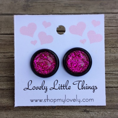 10mm hot pink glitter studs with black setting