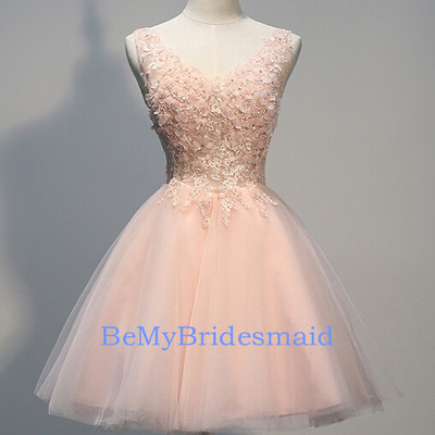 Charming handmade pink v-neckline short tulle homecoming dresses, short prom dresses