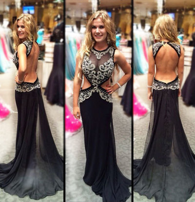 Gorgeous High Quality Black Prom Dresses,Chiffon Prom Dresses,Appliques Prom Dresses,Sexy Backless Prom Dresses,See Through Prom Dresses,PD3900150