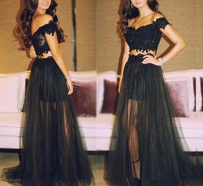 Elegant High Quality Black Prom Dresses,Two Pieces Prom Dresses,Tulle Prom Dresses,Appliques Prom Dresses,A-Line Prom Dresses,PD3900165