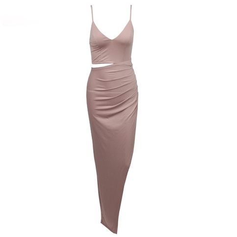 Khaki Maxi Slit Elegant Asymmetric Cut Out Dress