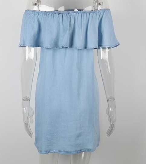 Denim Bardot Off Shoulder Dress With Ruffle