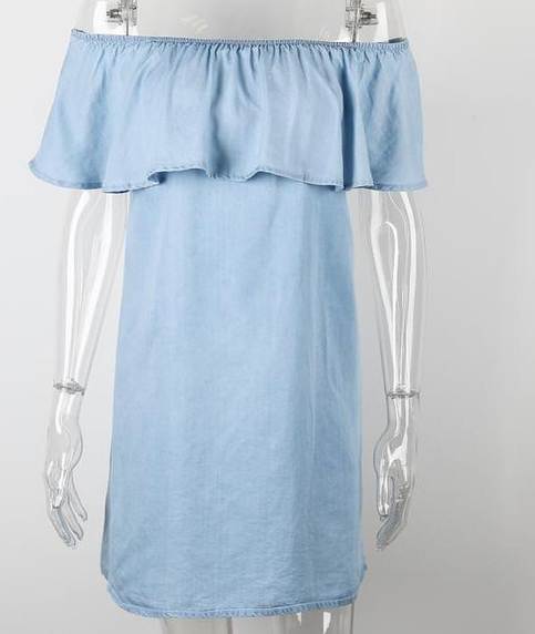 Denim Bardot Off Shoulder Dress With Ruffle