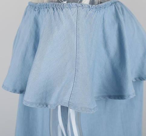 Denim Bardot Off Shoulder Dress With Ruffle