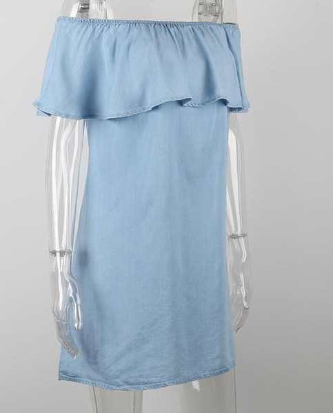 Denim Bardot Off Shoulder Dress With Ruffle