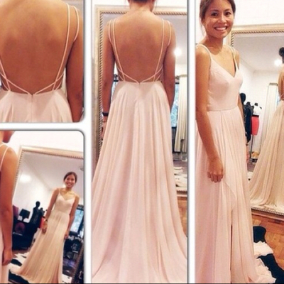 Largos sexy v-neck chiffon prom dresses,floor length prom dresses,spaghetti straps light pink prom dresses,open back party dresses,evening ,pd3900245 - Thumbnail 3