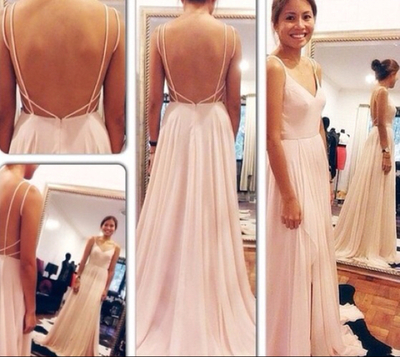 Largos Sexy V-Neck Chiffon Prom Dresses,Floor Length Prom Dresses,Spaghetti Straps Light Pink Prom Dresses,Open Back Party Dresses,Evening ,PD3900245