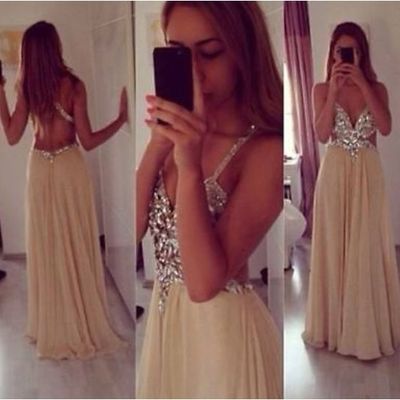 Pretty champagne straps cross back beaded chiffon long prom dresses, champagne prom gowns, evening dresses, formal gowns,pd3900281 - Thumbnail 3