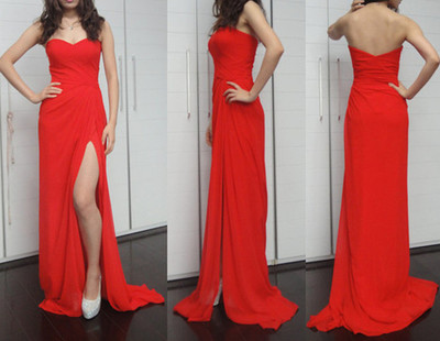 Pretty Simple Red Slit Chiffon Long Prom Gowns, Red Prom Dresses, Dinner Dresses, Wedding Guest Dresses,PD3900283