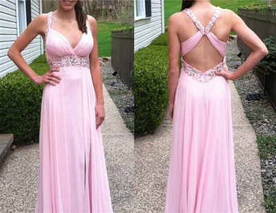 Pretty Pink Backless Cross Back Long Prom Dresses, Pink Prom Gowns, Pink Prom Dresses 2016, Party Dresses 2016,PD3900289
