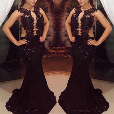Pretty black long sequins prom gown with lace appliques, black prom gowns, black formal gowns, evening dresses,pd3900291 - Thumbnail 2